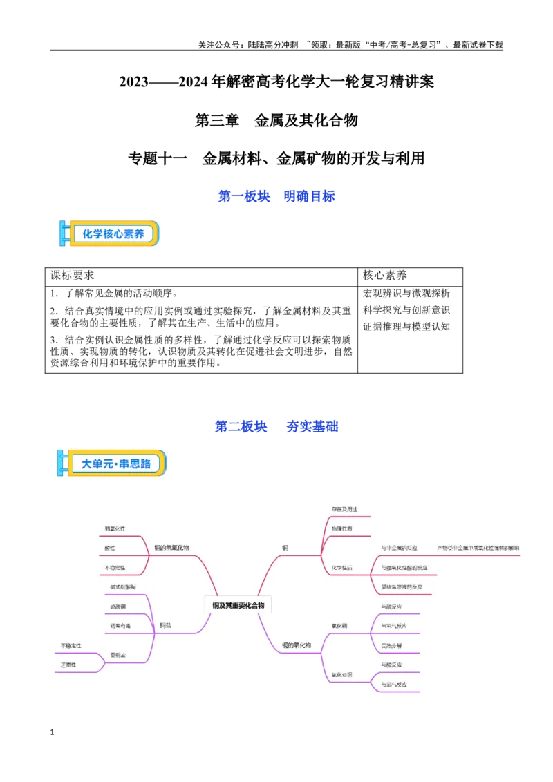 《专题十一金属材料、金属矿物的开发与利用-（解析版）_05-化学-高考总复习_一轮复习_2024年_2023-2024学年解密高考化学大一轮复习精讲精练（配套新教材2019）_资料》第1页预览