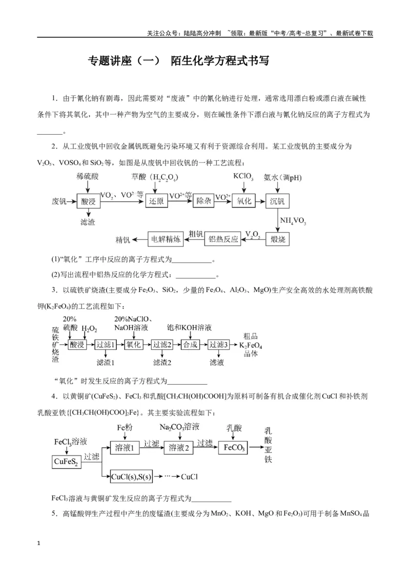 《专题讲座（一）陌生化学方程式书写（练）-（原卷版）_05-化学-高考总复习_一轮复习_2024年_2024年高考化学大一轮复习精讲精练+专题讲座_资料》第1页预览
