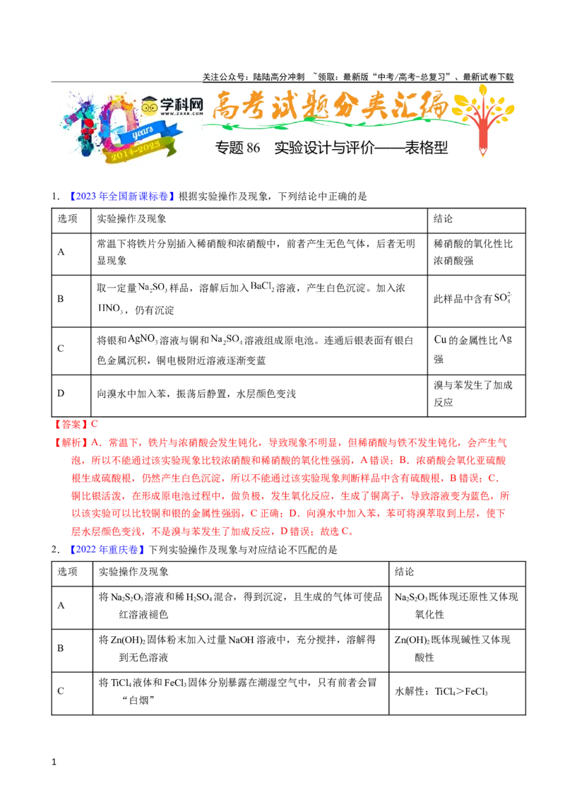 《专题86实验设计与评价——表格型（教师版）_05-化学-高考总复习_专项复习_2025年_十年（2013-2022）高考化学真题分项汇编（全国通用）_专题86实验设计与评价——表格型（全国通用）》第1页预览