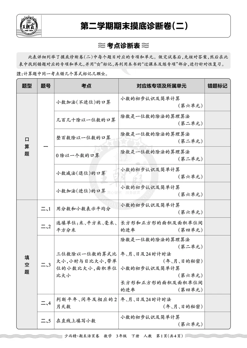 《2026年（下册）3年级数学人教版期末考点诊断表（二）_小初高学习资料合集（每天更新）_2026春数学《王朝霞期末摸底诊断卷》1-6年级下册人教版》第1页预览