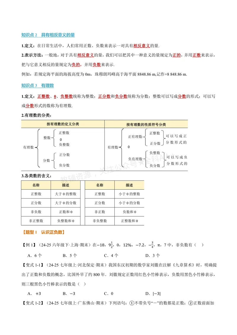 《专题2.1正数与负数(讲义)(原卷版)_2026语数英7-9年级上《举一反三系列》多版本_2026《初中数学•举一反三系列》7上多版本_2026《初中数学•举一反三系列》7上(苏科)》第2页预览
