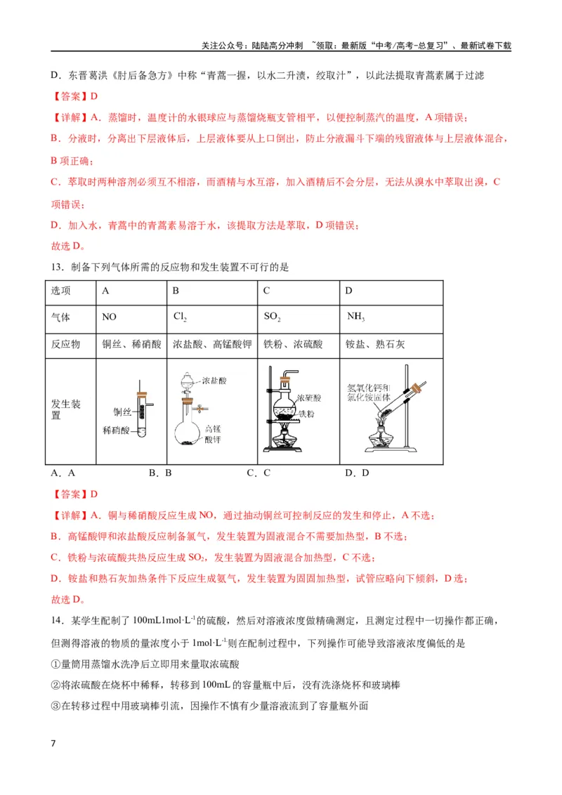 《专题突破卷12化学实验基础（一）（解析版）_05-化学-高考总复习_一轮复习_2024年_2024年高考化学一轮复习考点通关卷（新高考通用）_专题突破卷》第7页预览