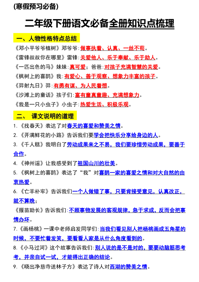 《二年级语文下册知识点归纳总复习_小学1-6年级全科全套_1-6年级全科下册_二年级_其他补充资料_热门资料_语文》第1页预览