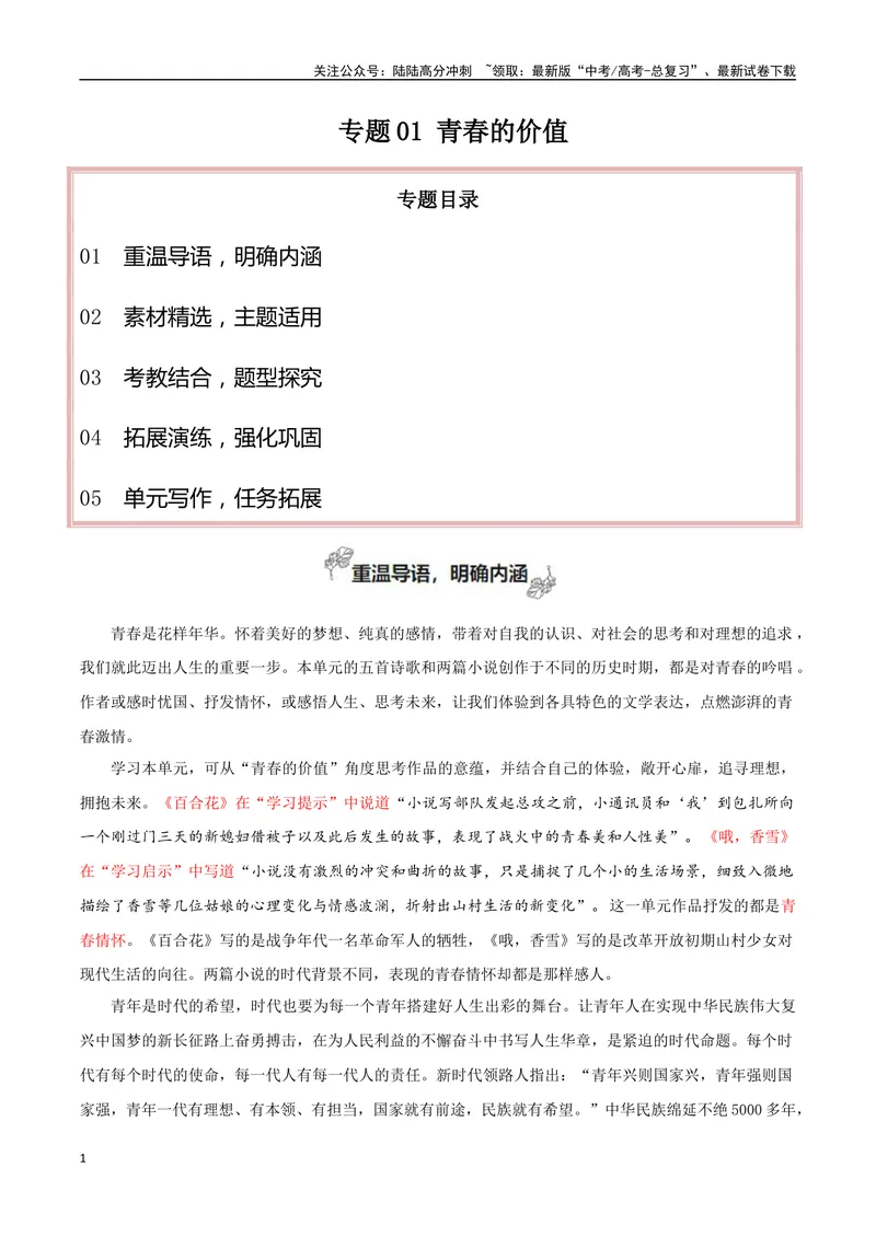《专题01青春的价值（素材精选+题型探究+学写新诗）-考教衔接2025年高考语文一轮复习之教材主题作文训练_一轮复习_2025年_2025年新高考语文一轮复习主题作文写作思维强化训练素材》第1页预览