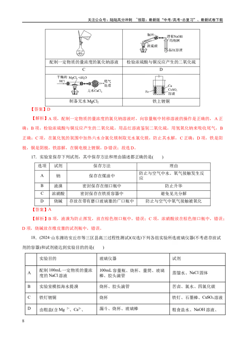 《专题15化学实验基础(练习)(解析版)_05-化学-高考总复习_二轮复习_2024年_2024年高考化学二轮复习讲练测（新教材新高考）_配套练习（原卷版+解析版）》第8页预览