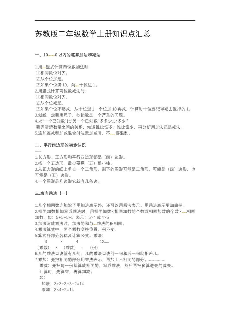 《二年级数学上册知识点总结_小学1-6年级全科全套_1-6年级全科上册_二年级_数学_A二年级数学（苏教版）_苏教数学二上知识总结》第1页预览