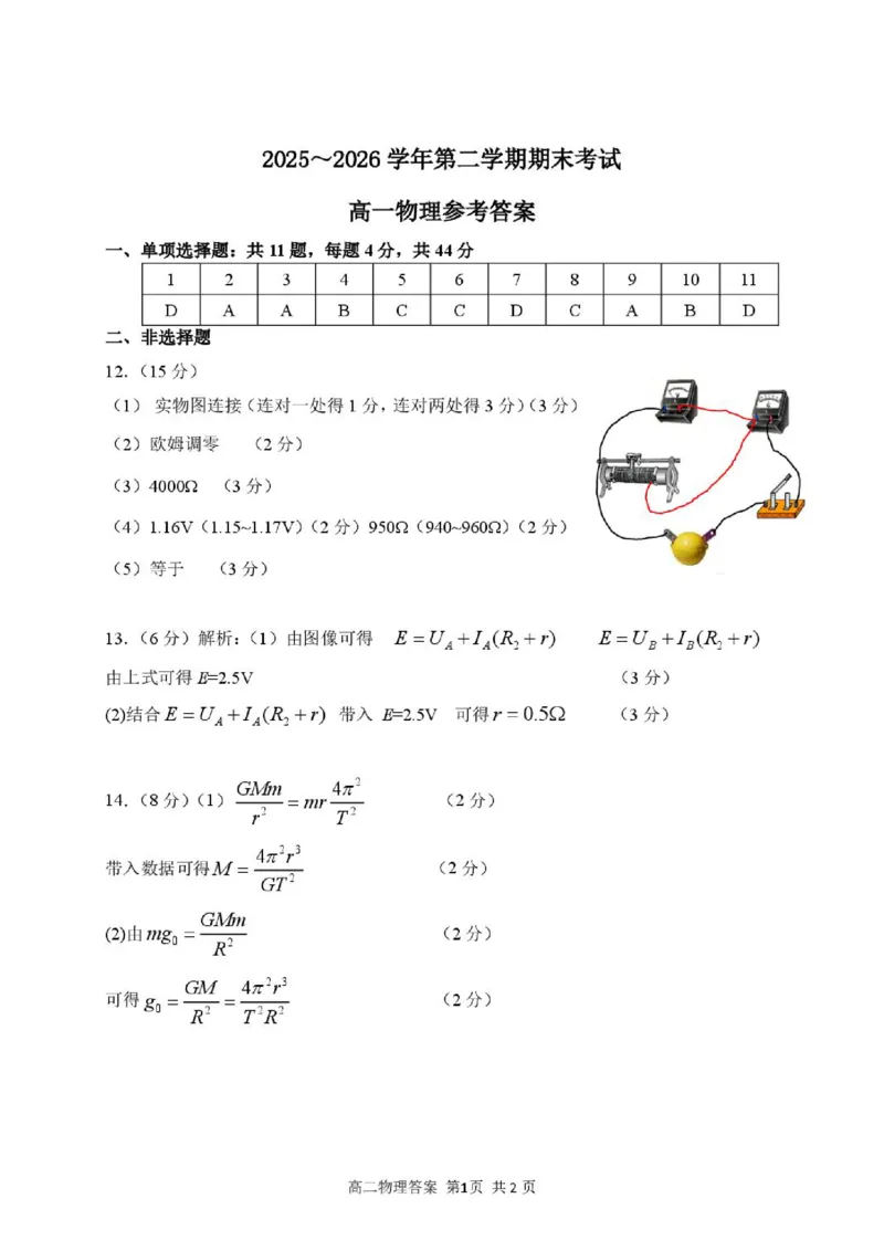 《江苏连云港市2026年高一下学期期末考试物理答案_小初高学习资料合集（每天更新）_2026年6月高中物理试卷汇编_0626物理_江苏连云港市2026年高一下学期期末考试物理试题+答案》第1页预览