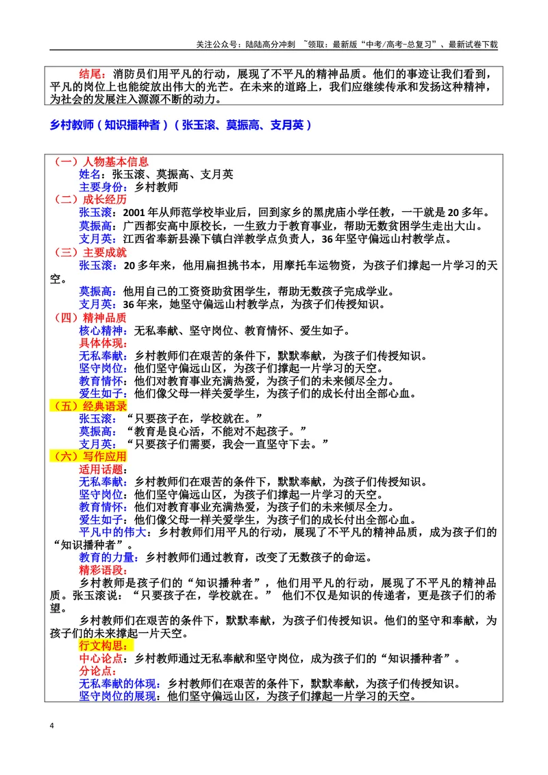 《专题06平凡英雄：微光成炬的普通人素材（基本信息、成长经历、成就、精神品质、经典语录、话题应用、行文构思）＋真题）_专项复习_2025年_2025年高考语文冲刺写作主题人物素材加油包》第4页预览