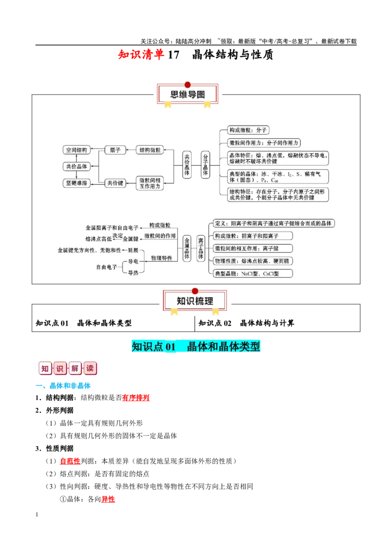 《知识清单17晶体结构与性质-2024年高考化学一轮复习知识清单_05-化学-高考总复习_一轮复习_2024年_2024年高考化学一轮复习知识清单必背总结全国通用_资料》第1页预览