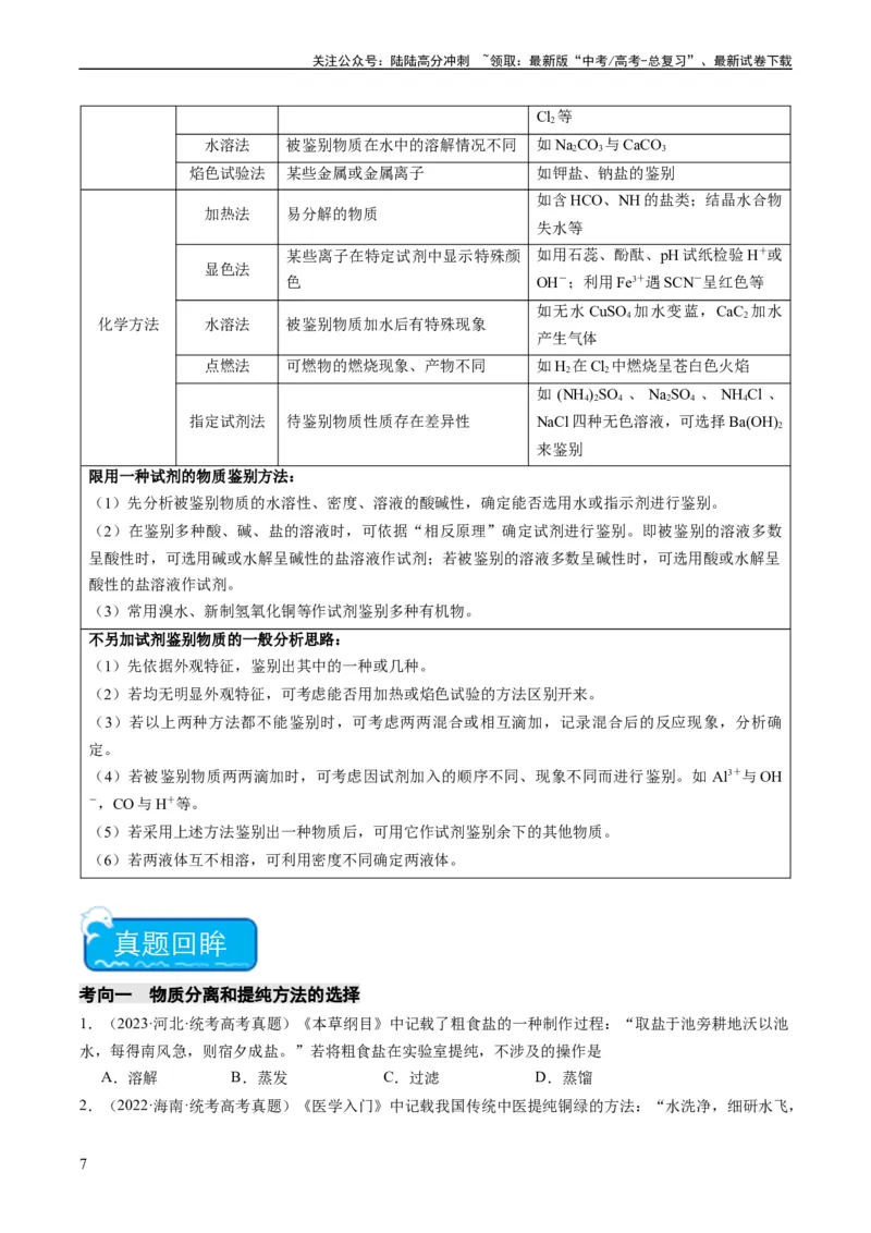 《重难点08物质的分离、提纯、检验与鉴别-（学生版）_05-化学-高考总复习_专项复习_2024年_2024年高考化学热点·重点·难点专练（新高考专用）》第7页预览