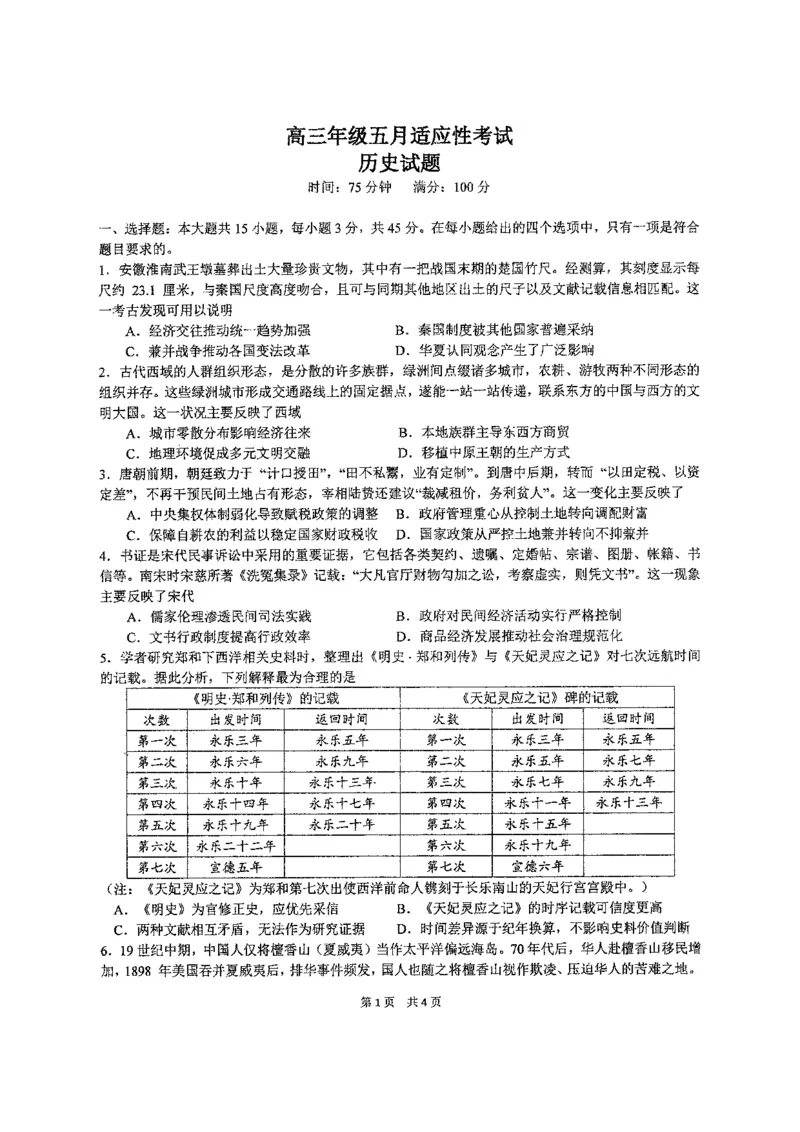 《华中师范大学第一附属中学2026届高三年级五月适应性考试历史_2024-2027高三（6-6月题库）_2026年05月高三试卷》第1页预览