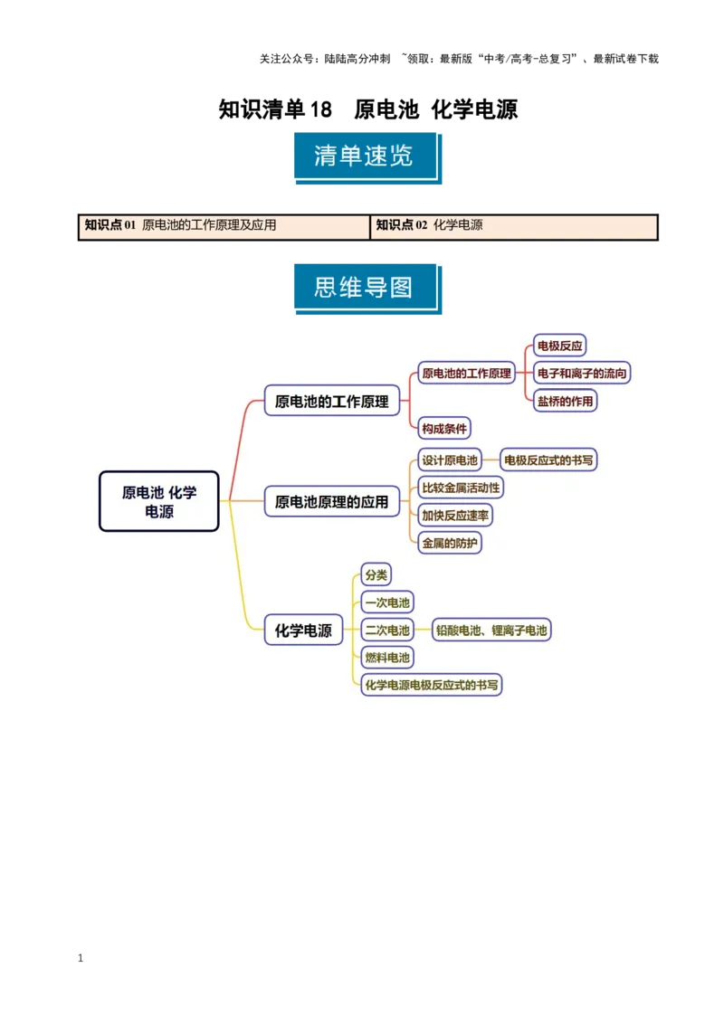 《知识清单18原电池化学电源（新高考专用）（学生版）_05-化学-高考总复习_一轮复习_2025年_2025年高考化学一轮复习知识清单（全国通用）》第1页预览