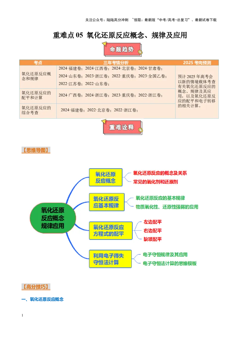 《重难点05氧化还原反应概念、规律及应用（解析版）_05-化学-高考总复习_专项复习_2025年_2025年高考化学重难点讲义专练（新高考通用）》第1页预览