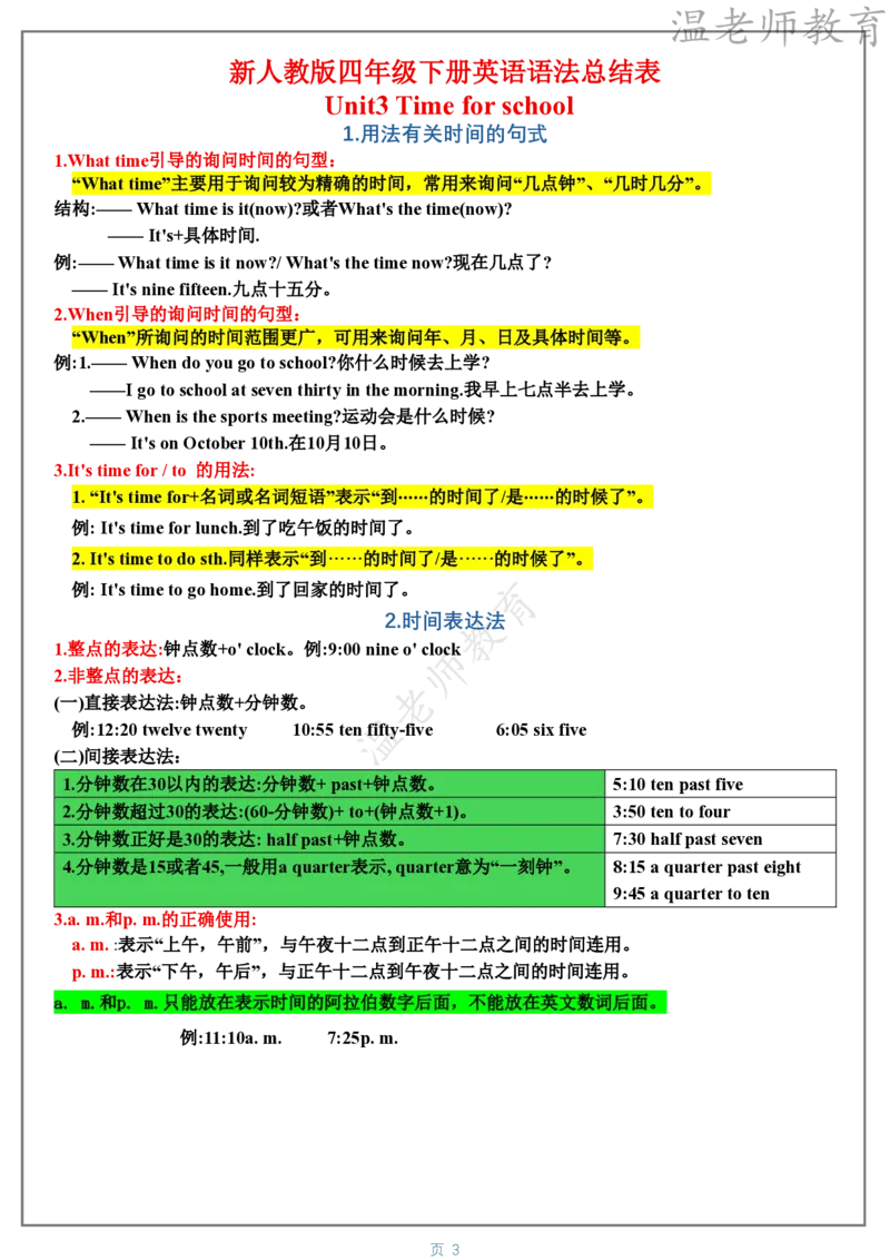 《26新人教版四下英语语法总结表_小初高学习资料合集（每天更新）_《2026新人教版英语语法总结表》4-6年级下册》第3页预览