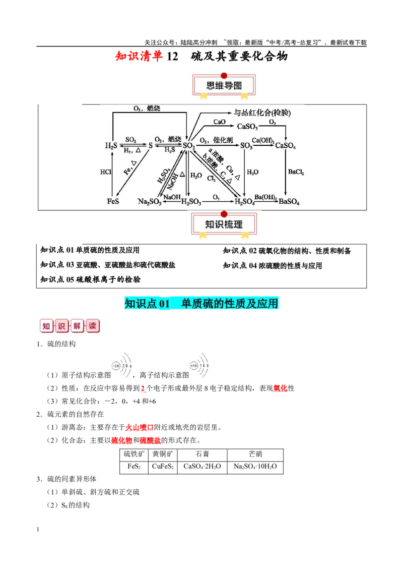 《知识清单12硫及其重要化合物-2024年高考化学一轮复习知识清单_05-化学-高考总复习_一轮复习_2024年_2024年高考化学一轮复习知识清单必背总结全国通用_资料》第1页预览