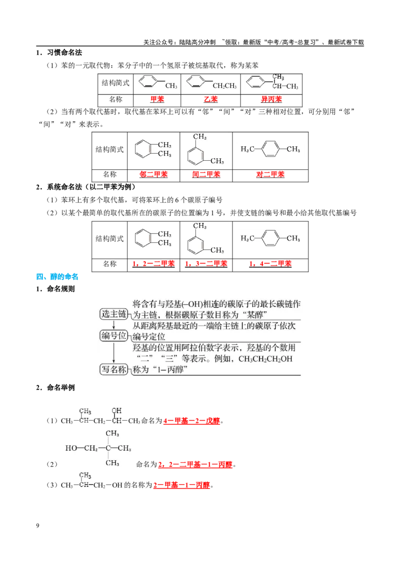 《知识清单26有机物的结构、分类与命名-2024年高考化学一轮复习知识清单_05-化学-高考总复习_一轮复习_2024年_2024年高考化学一轮复习知识清单必背总结全国通用_资料》第9页预览
