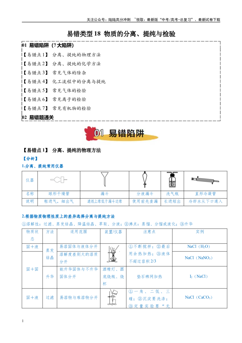 《易错类型18物质的分离、提纯与鉴别（7大易错点）（学生版）_05-化学-高考总复习_专项复习_2025年_2025年高考化学考试易错题（新高考通用）》第1页预览