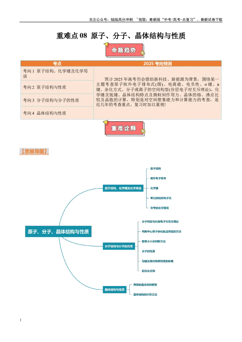 《重难点08原子、分子、晶体结构与性质（原卷版）_05-化学-高考总复习_专项复习_2025年_2025年高考化学重难点讲义专练（西北四省专用）》第1页预览