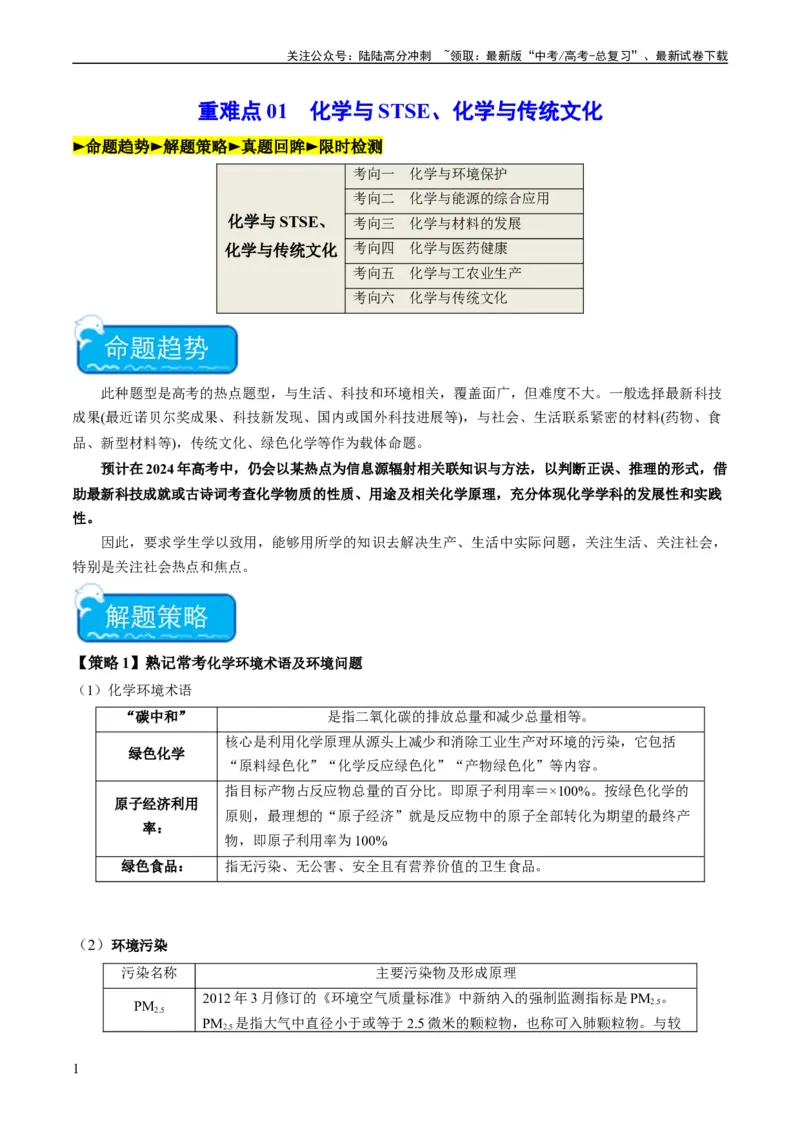 《重难点01化学与STSE、化学与传统文化-（学生版）_05-化学-高考总复习_专项复习_2024年_2024年高考化学热点·重点·难点专练（新高考专用）》第1页预览