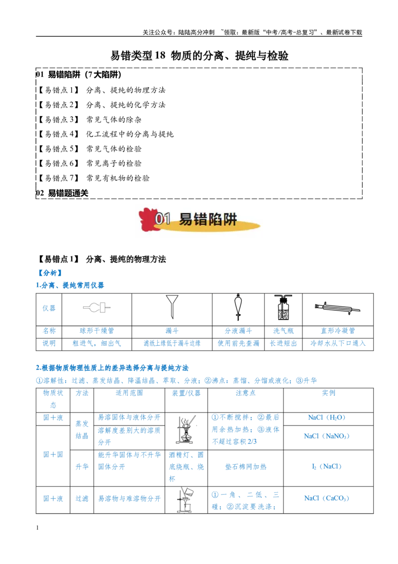 《易错类型18物质的分离、提纯与鉴别（7大易错点）（教师版）_05-化学-高考总复习_专项复习_2025年_2025年高考化学考试易错题（新高考通用）》第1页预览