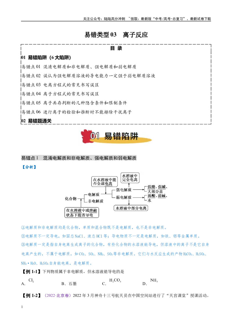 《易错类型03离子反应（6大易错点）（原卷版）_05-化学-高考总复习_专项复习_2025年_2025年高考化学考试易错题（新高考通用）》第1页预览