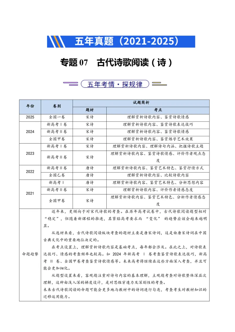 《专题07古代诗歌阅读（诗）（全国通用）（学生版）_专项复习_2026年-语文专项复习_五年（2021-2025）高考语文真题分类汇编（全国通用）-C438》第1页预览