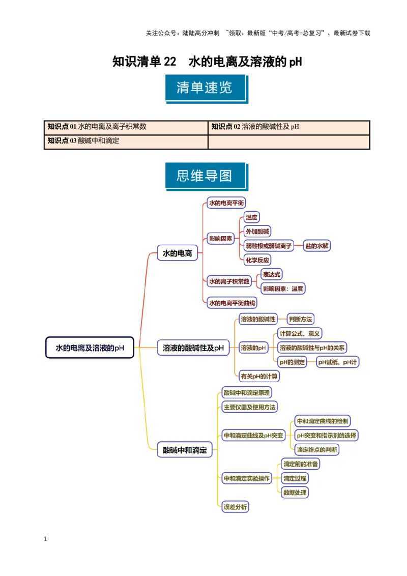 《知识清单22水的电离及溶液的pH（新高考专用）（学生版）_05-化学-高考总复习_一轮复习_2025年_2025年高考化学一轮复习知识清单（全国通用）》第1页预览