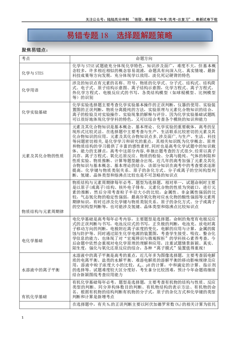 《易错专题18选择题解题策略（解析版）_05-化学-高考总复习_专项复习_2024年_2024年高考化学考前易错聚焦_资料》第1页预览