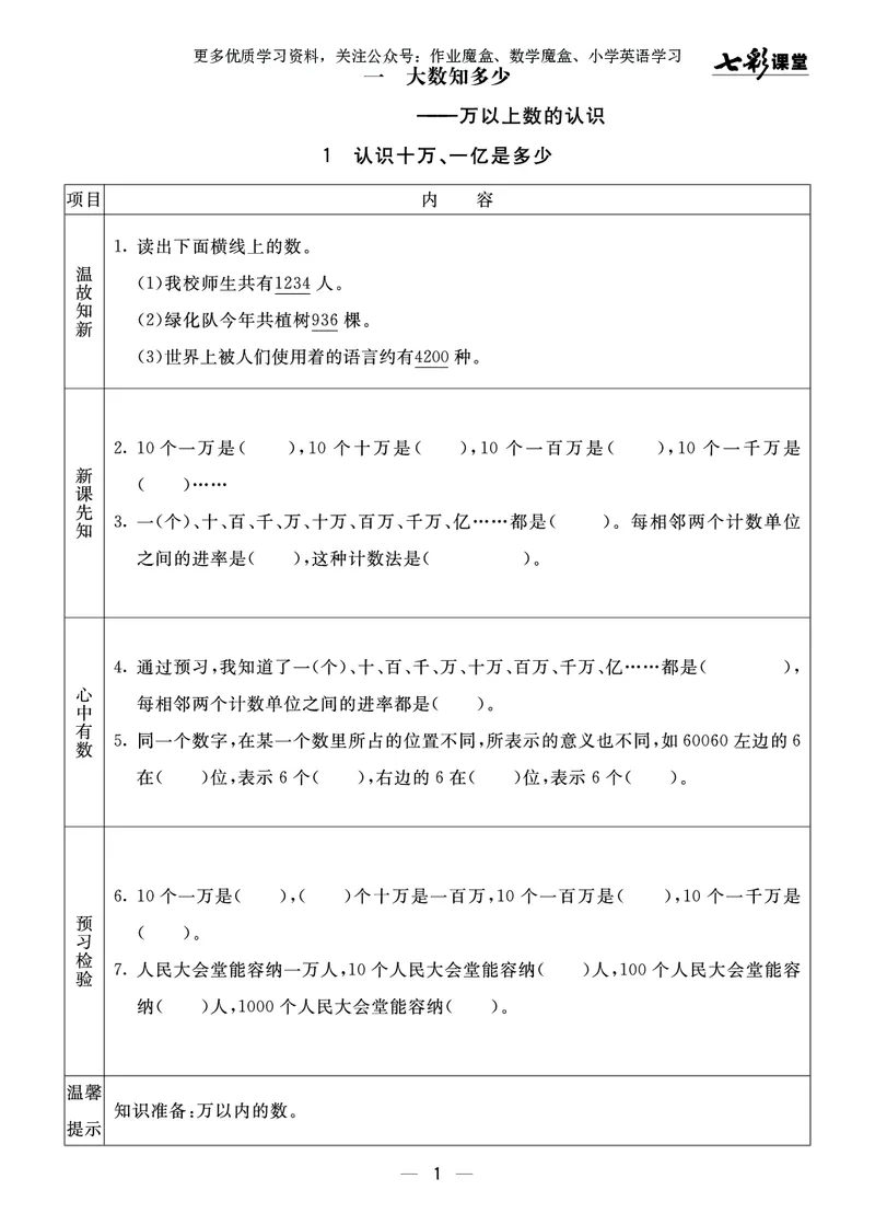 《20秋青岛版数学六三制四年级上册预习卡_小学1-6年级全科全套_1-6年级全科上册_四年级_0、四上综合_四上综合暑假大礼包》第2页预览