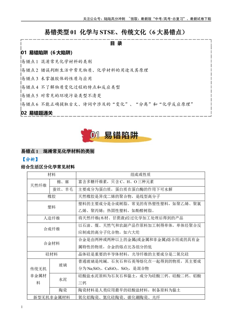 《易错类型01化学与STSE、传统文化（6大易错点）（解析版）_05-化学-高考总复习_专项复习_2025年_2025年高考化学考试易错题（新高考通用）》第1页预览