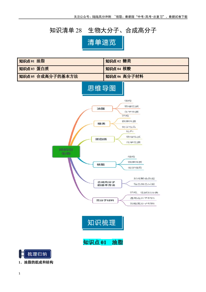 《知识清单28生物大分子、合成高分子（教师版）_05-化学-高考总复习_一轮复习_2025年_2025年高考化学一轮复习知识清单（全国通用）》第1页预览