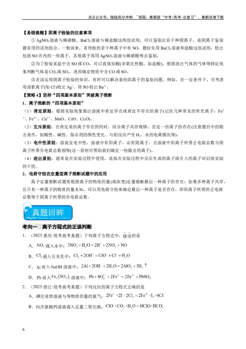《重难点03离子方程式的正误判断、离子共存、检验和推断-（学生版）_05-化学-高考总复习_专项复习_2024年_2024年高考化学热点·重点·难点专练（新高考专用）》第6页预览
