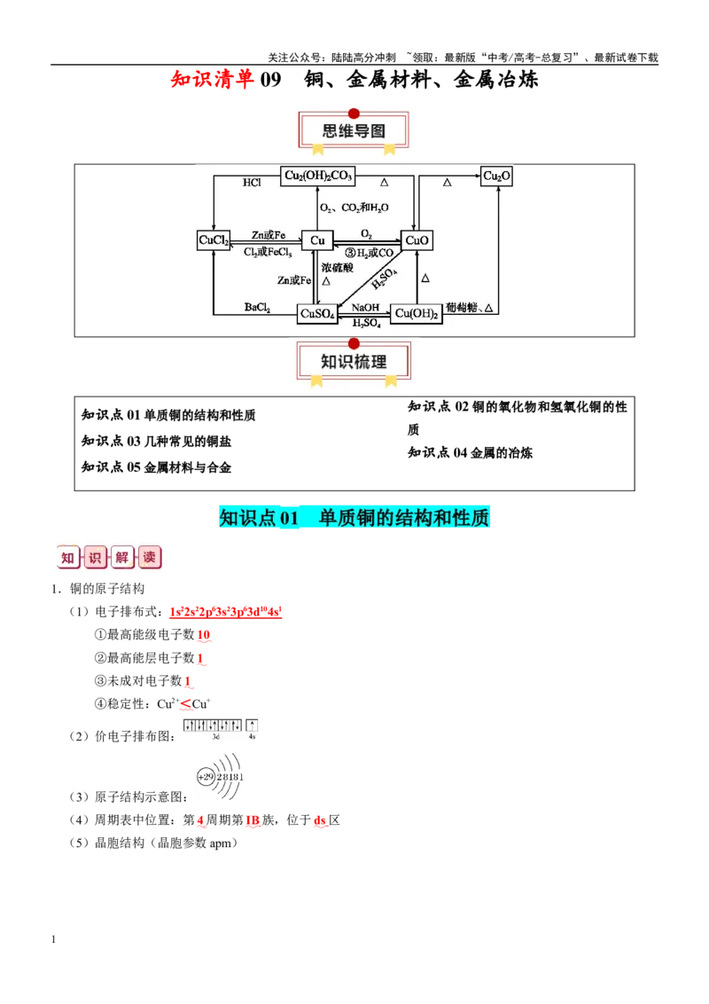 《知识清单09铜、金属材料、金属冶炼-2024年高考化学一轮复习知识清单_05-化学-高考总复习_一轮复习_2024年_2024年高考化学一轮复习知识清单必背总结全国通用_资料》第1页预览