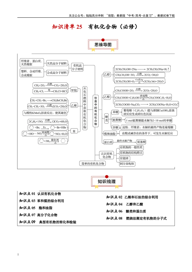 《知识清单25有机化合物（必修）-2024年高考化学一轮复习知识清单_05-化学-高考总复习_一轮复习_2024年_2024年高考化学一轮复习知识清单必背总结全国通用_资料》第1页预览