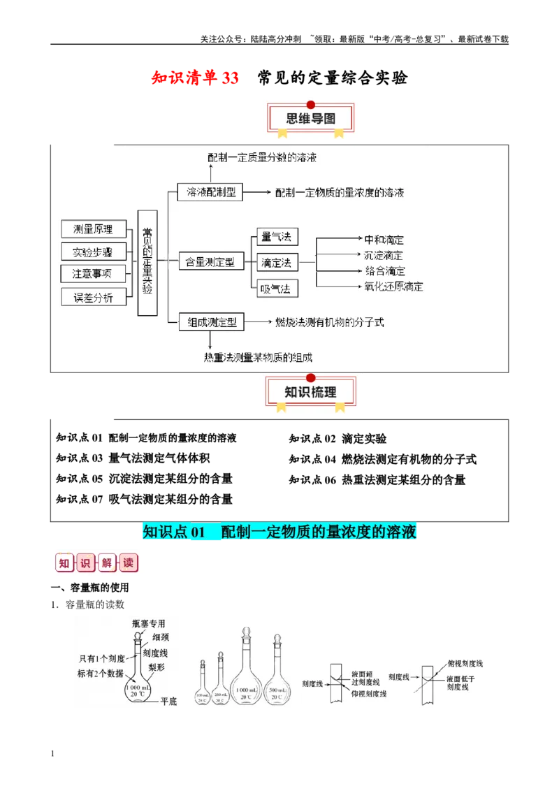 《知识清单33常见的定量综合实验-2024年高考化学一轮复习知识清单_05-化学-高考总复习_一轮复习_2024年_2024年高考化学一轮复习知识清单必背总结全国通用_资料》第1页预览