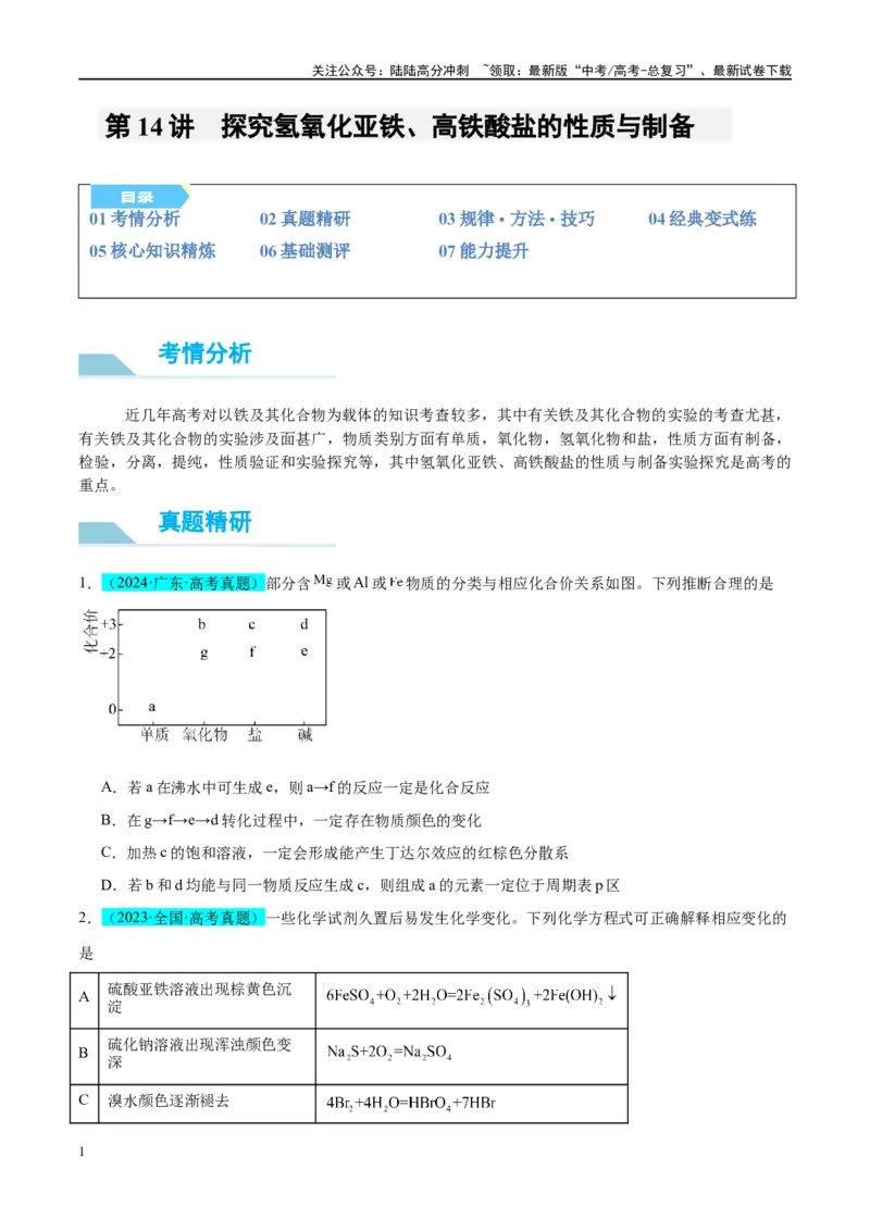 《（能力版）微专题14探究氢氧化亚铁、高铁酸盐的性质与制备-（学生版）(全国版)_05-化学-高考总复习_一轮复习_2024年_2024高考化学一轮复习考点微专题考情分析经_资料_2025版》第1页预览