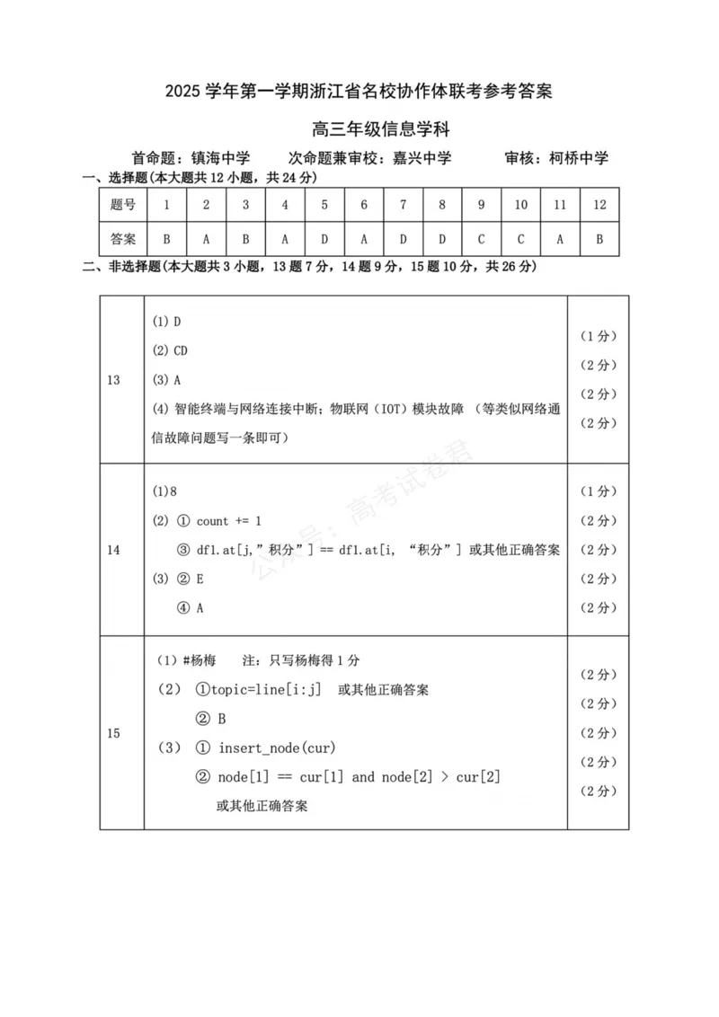 《技术答案-浙江省G12名校协作体2025学年第一学期9月高三年级暑假返校联考(9.1-9.2)_小初高学习资料合集（每天更新）_10技术_浙江名校协作体（G12）高三9月返校联考》第1页预览