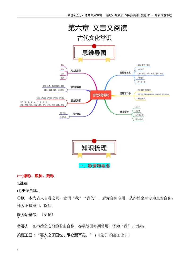 《专题10：古代文化常识（学生版）_一轮复习_2025年_2025年高考语文一轮复习知识清单（全国通用）》第1页预览