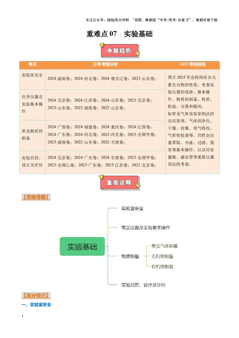 《重难点07化学实验基础（解析版）_05-化学-高考总复习_专项复习_2025年_2025年高考化学重难点讲义专练（黑吉辽蒙专用）》第1页预览