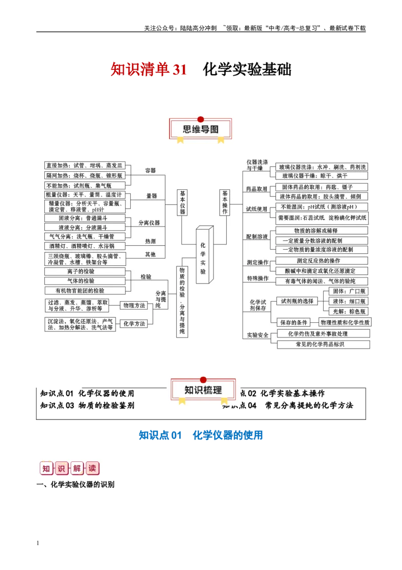 《知识清单31化学实验基础-2024年高考化学一轮复习知识清单_05-化学-高考总复习_一轮复习_2024年_2024年高考化学一轮复习知识清单必背总结全国通用_资料》第1页预览