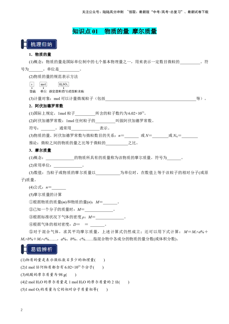 《知识清单04物质的量（学生版）_05-化学-高考总复习_一轮复习_2025年_2025年高考化学一轮复习知识清单（全国通用）》第2页预览
