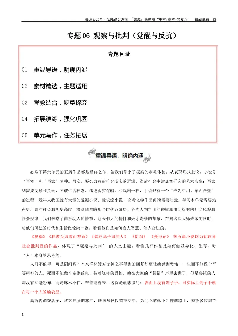 《专题06观察与批判（觉醒与反抗+尝试写小说）-考教衔接2025年高考语文一轮复习之教材主题作文训练_一轮复习_2025年_2025年新高考语文一轮复习主题作文写作思维强化训练素材_资料》第1页预览