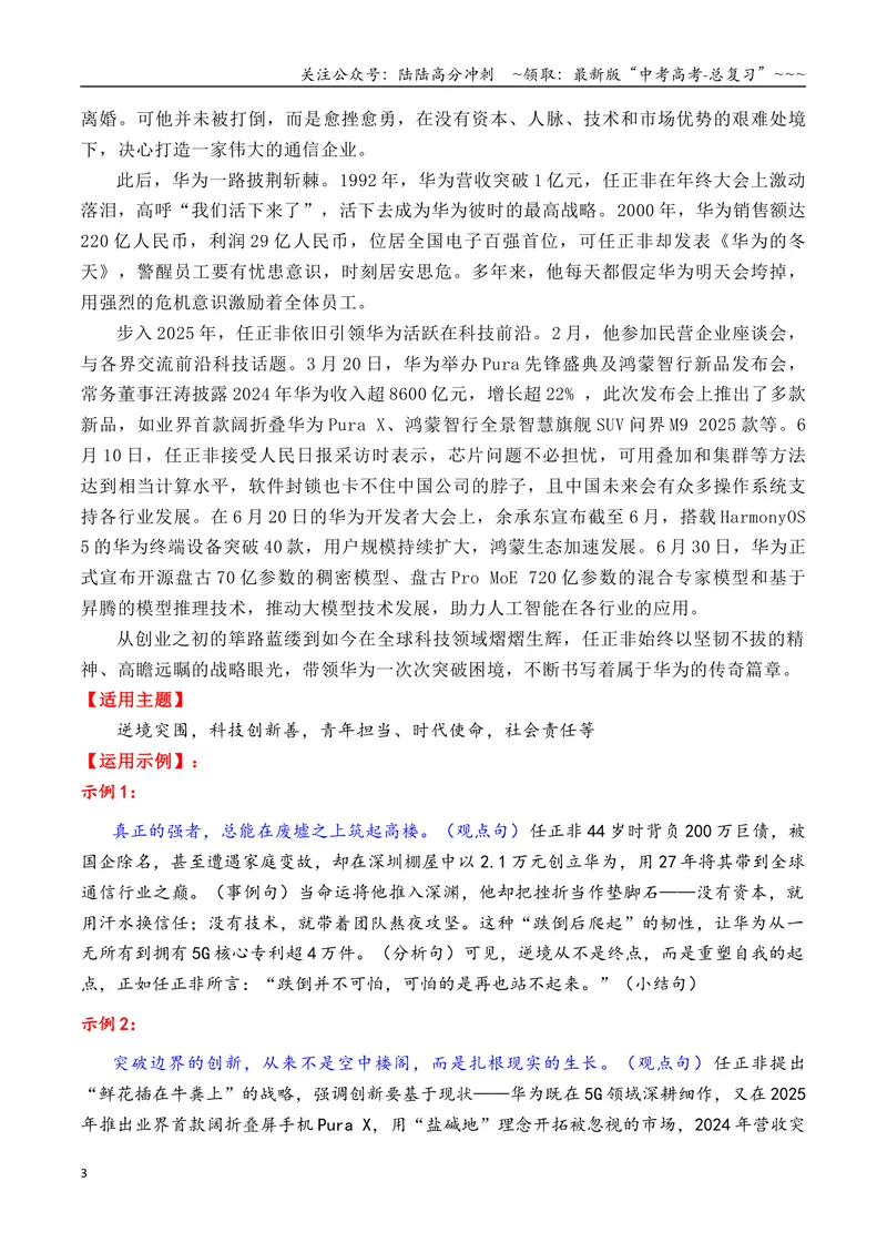 《专题062025年上半年14个万能的热点人物素材积累与运用（王记兵＋任正非＋朱杨柱）-（全国通用）_专项复习_2026年-语文专项复习_2026年高考语文作文写作核心技法指导（全国通用）-G393》第3页预览