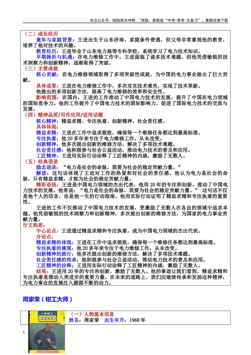《专题08工匠精神：时代匠心的传承者素材＋标题＋行文结构＋真题（素材：基本信息、成长经历、成就、精神品质、经典语录、话题应用、行文构思）＋真题）_专项复习_2025年》第5页预览