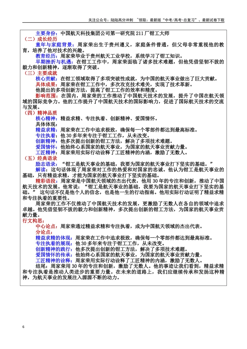 《专题08工匠精神：时代匠心的传承者素材＋标题＋行文结构＋真题（素材：基本信息、成长经历、成就、精神品质、经典语录、话题应用、行文构思）＋真题）_专项复习_2025年》第6页预览
