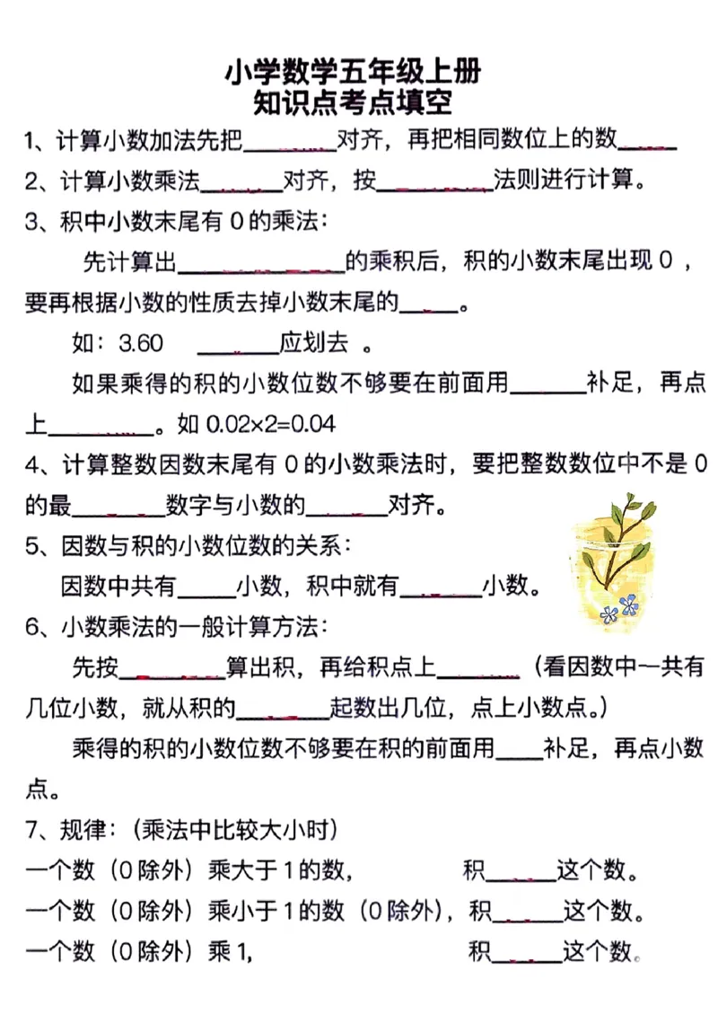 《空白版五年级数学全册知识点填空_小学1-6年级全科全套_1-6年级全科上册_五年级_五年级上数学_A五年级数学（通用版）》第1页预览