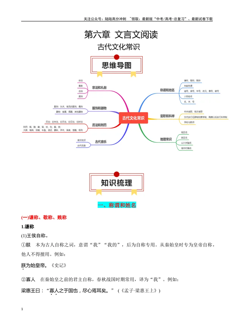 《专题10：古代文化常识（教师版）_一轮复习_2025年_2025年高考语文一轮复习知识清单（全国通用）》第1页预览