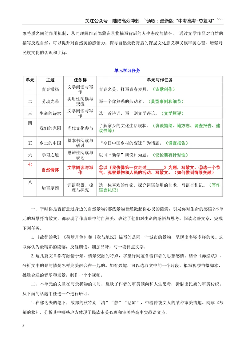 《专题07自然情怀（古代散文审美解码+如何做到情景交融）_一轮复习_2026年-语文一轮复习_2026年高考语文一轮复习之教材主题作文训练-G438_资料》第2页预览
