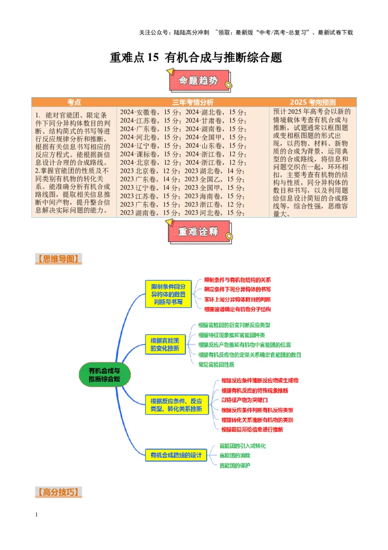 《重难点15有机合成与推断综合题（解析版）_05-化学-高考总复习_专项复习_2025年_2025年高考化学重难点讲义专练（新高考通用）》第1页预览