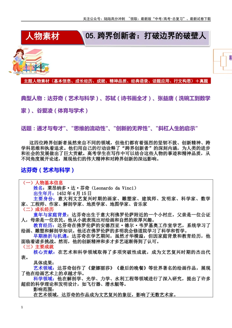 《专题05跨界创新者：打破边界的破壁人素材（基本信息、成长经历、成就、精神品质、经典语录、话题应用、行文构思）＋真题）_专项复习_2025年》第1页预览